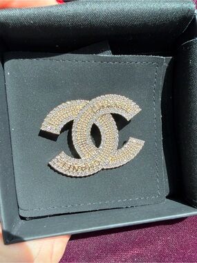 CHANEL Gold Crystal Double C Brooch